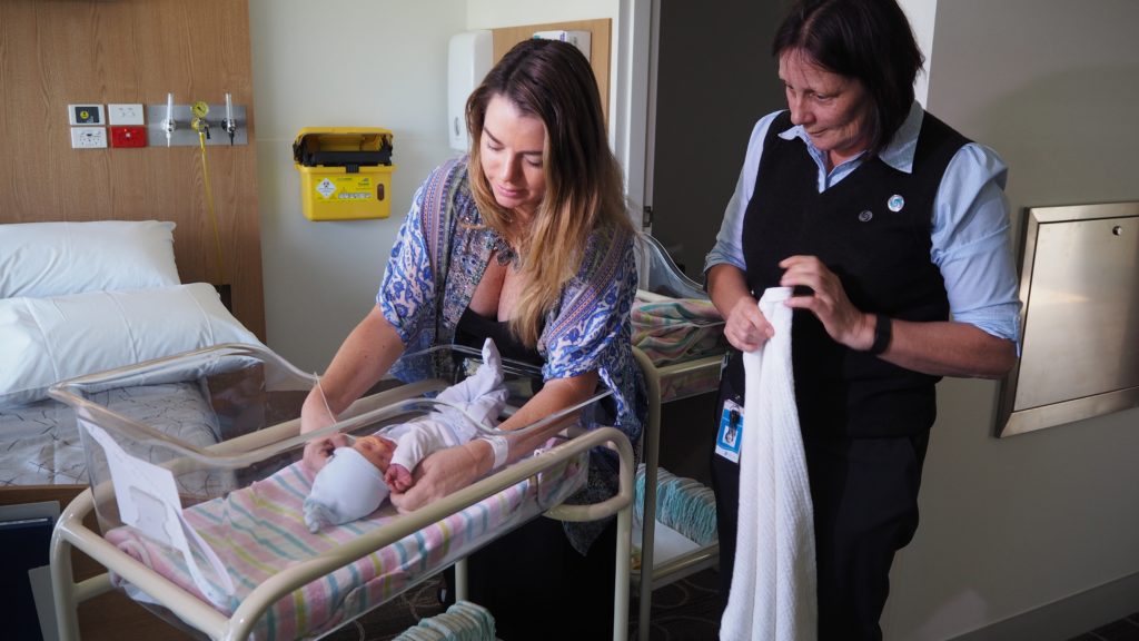 First twins born at Gold Coast Private - Maternity Manager Judy Ross with new mum Michelle Cassidy and baby Grace